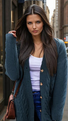 Cardigan Baggy Bleu Paon in twisted knitting *