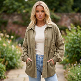 Moss Green Waffle Knit Button-Up Oversized Jacket