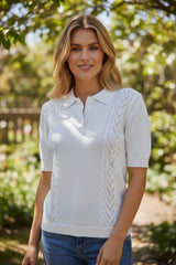 🤍 Polo en maille ajourée blanc – DAZY