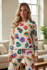 Set de manga larga y pantalones delgados con albaricoque de estampado de leopardo