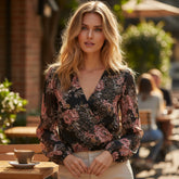 Chemisier noir imprimé floral croisé à col en V *