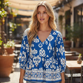 Chemisier coupe fluide à manches 3/4 et imprimé géométrique tribal bleu