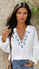 Textured shirt embroidered cashmere with split collar *