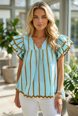 Chemisier à rayures bleu ciel, bordure en ricac