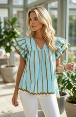 Chemisier à rayures bleu ciel, bordure en ricac