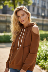 Cinnamon Exposed Seam Drawstring Off-Shoulder Hoodie