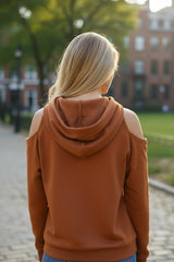 Cinnamon Exposed Seam Drawstring Off-Shoulder Hoodie