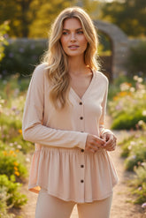 Ruffle shirt and beige buttoned v -neck *