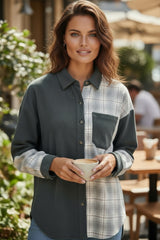 Chemise longue boutonnée en velours côtelé à carreaux gris