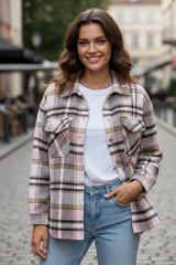 Long pink jacket with pockets and geometric print *