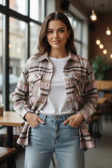 Long pink jacket with pockets and geometric print *