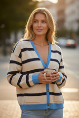 Cardigan ample boutonné à épaules tombantes color block blanc