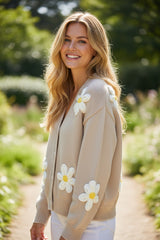 Cardigan élégant boutonné sur le devant avec décoration florale parchemin
