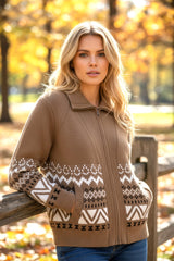Cardigan marron zippé à col et bordure côtelée imprimé western