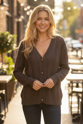 Cardigan pull kaki foncé en tricot ouvert à épaules tombantes *