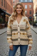 Cardigan kaki à col en V et boutons tricotés à motif occidental