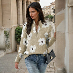 Pull kaki à motif floral et demi-zip *