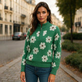 Pull vert à motif floral et demi-zip *
