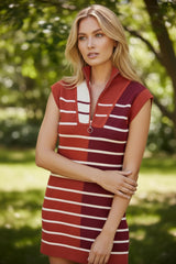 Robe pull marron à rayures et blocs de couleurs avec col zippé et manches courtes