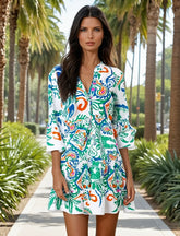 Mini-robe boutonnée à manches bracelet tribal verte *