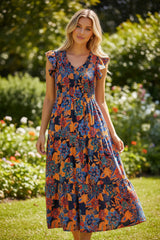 Dark Blue Tiered Ruffle V-Neck Floral Boho Maxi Dress
