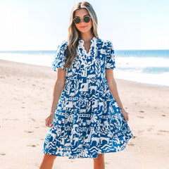 Blue floral loose dress with split collar and Ricrac border