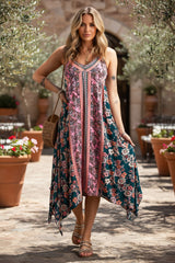 Robe d'été longue rose bohème à imprimé floral et patchwork