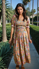 Robe florale jaune à corsage smocké *