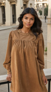 Robe courte droite plissée en velours côtelé *