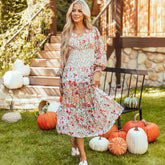 Robe midi kaki à imprimé floral et à volants et manches longues à col en V