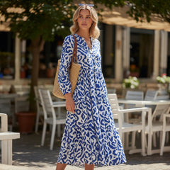 Vestido azul largo con estampado geométrico abstracto Western