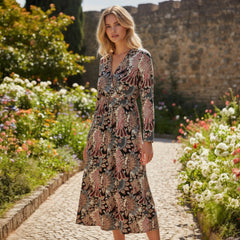 Robe longue noire à imprimé floral et col en V, taille haute