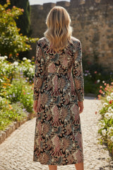 Robe longue noire à imprimé floral et col en V, taille haute