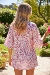 Mini-robe rose à imprimé cachemire et manches 3/4 *