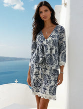 Vestido de cielo azul completo con 3/4 mangas y collar V *