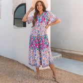 Robe à manches courtes et col fendu à imprimé floral mixte bleu ciel