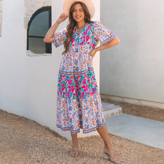 Robe à manches courtes et col fendu à imprimé floral mixte bleu ciel