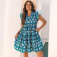 Robe bleue à imprimé floral rétro, col fendu, volants, manches courtes