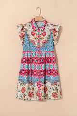 Robe boutonnée à volants et manches flottantes, motif floral mixte rose