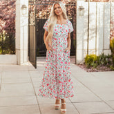 Robe longue à volants à taille empire et manches bouffantes à fleurs roses