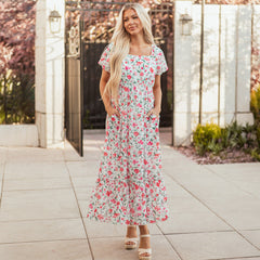 Robe longue à volants à taille empire et manches bouffantes à fleurs roses