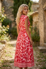 Robe longue rouge style bohème à fleurs, manches courtes