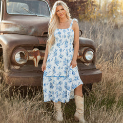 Robe longue sans manches à imprimé floral bleu ciel