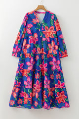 Robe longue à volants et col en V à manches 3/4 et imprimé floral bleu