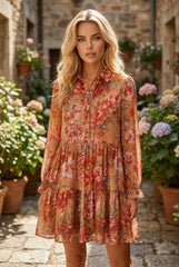 Robe courte à volants et manches longues à imprimé floral vintage marron