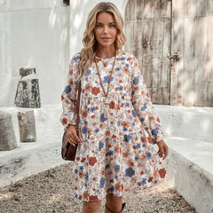 Robe kaki à volants et manches longues à col rond et à fleurs