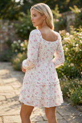 Robe courte évasée à imprimé floral rose, manches longues