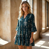 Robe courte bleu à imprimé floral bohème