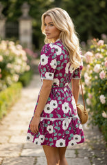 Robe courte mini à manches bouffantes et imprimé floral rouge