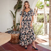 Robe longue bleue à manches courtes, taille haute